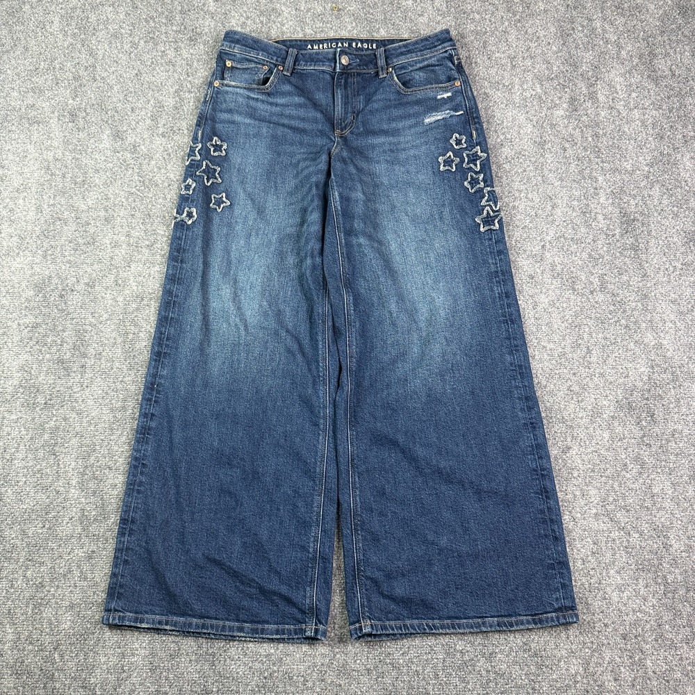 American Eagle Womens Ultra Wide Leg Jeans 8 Low Rise Blue Star Applique Baggy